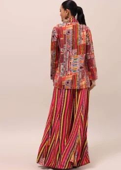 Red Embroidered Crepe Crop Top And Palazzo Set