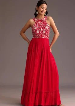 Red Embroidered Jumpsuit With Belt