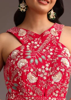 Red Embroidered Jumpsuit With Belt