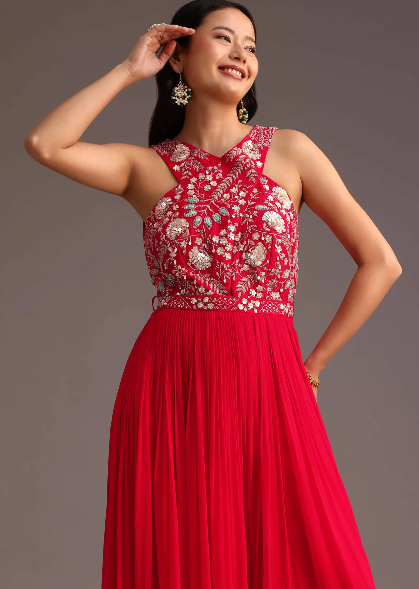 Red Embroidered Jumpsuit With Belt