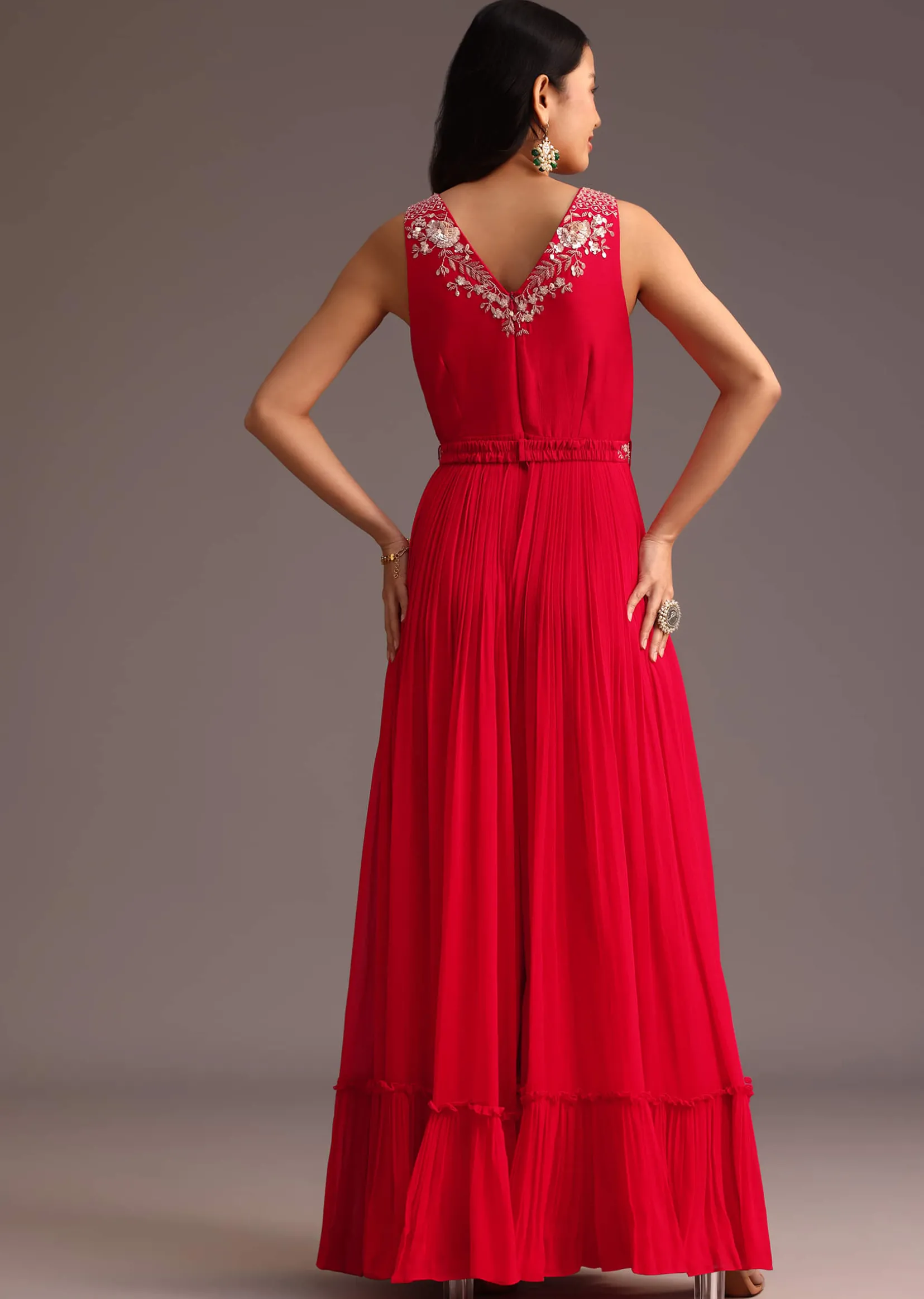 Red Embroidered Jumpsuit With Belt