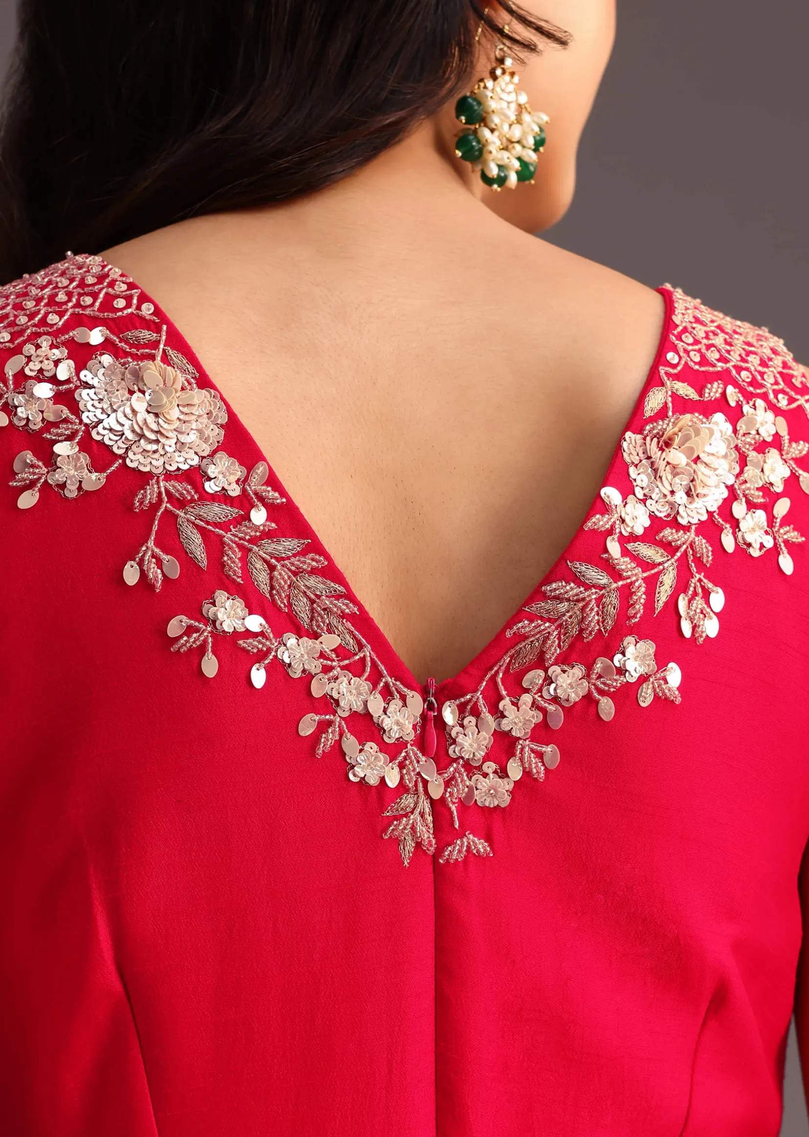 Red Embroidered Jumpsuit With Belt