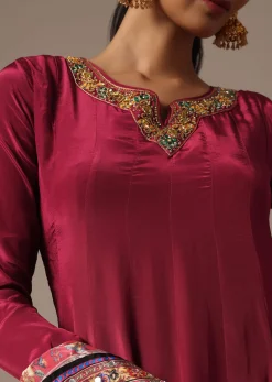 Red Embroidered Kurta Palazzo Set With Mirror Work Dupatta