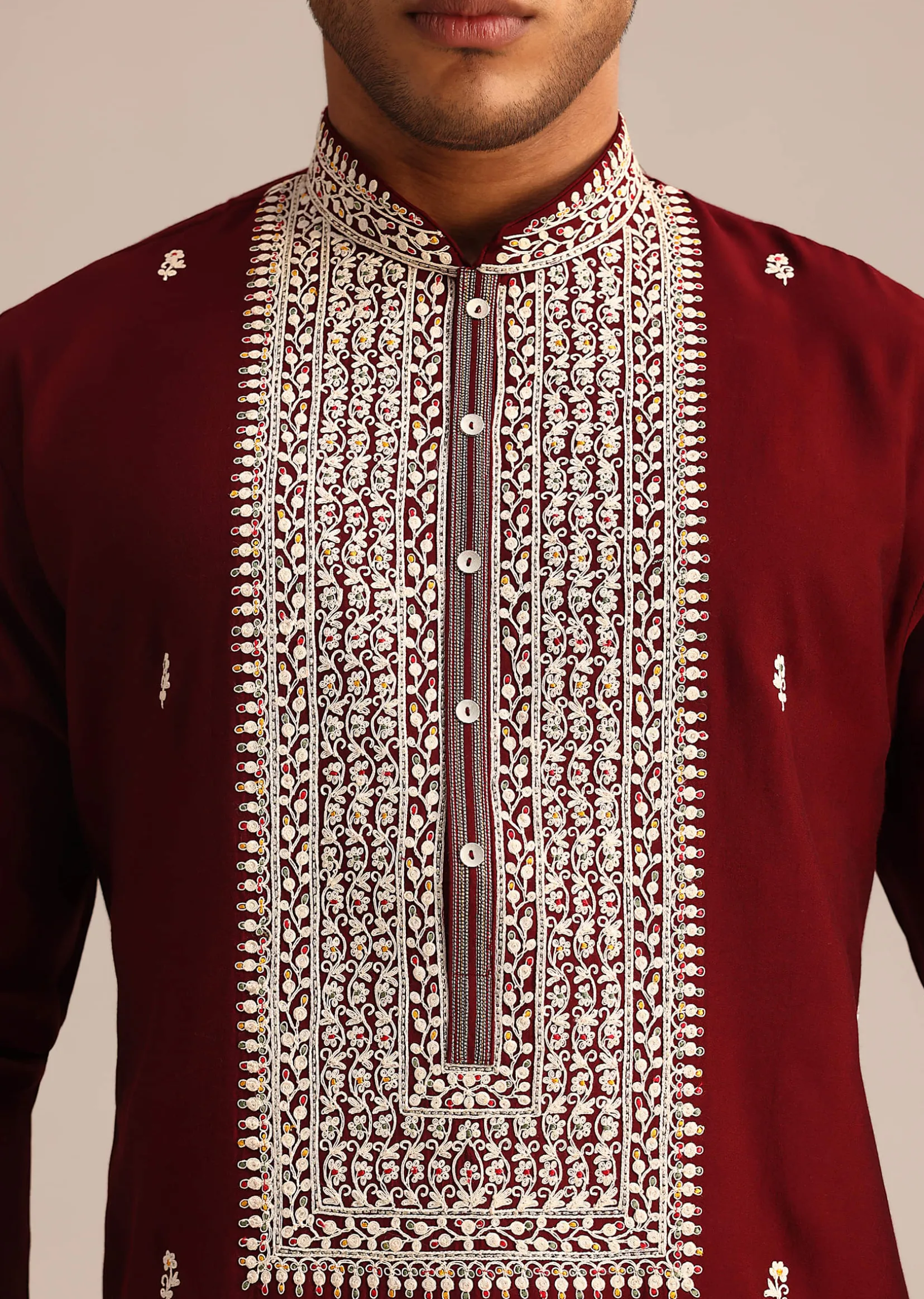Red Embroidered Kurta Set In Silk