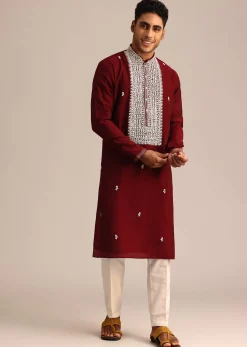 Red Embroidered Kurta Set In Silk