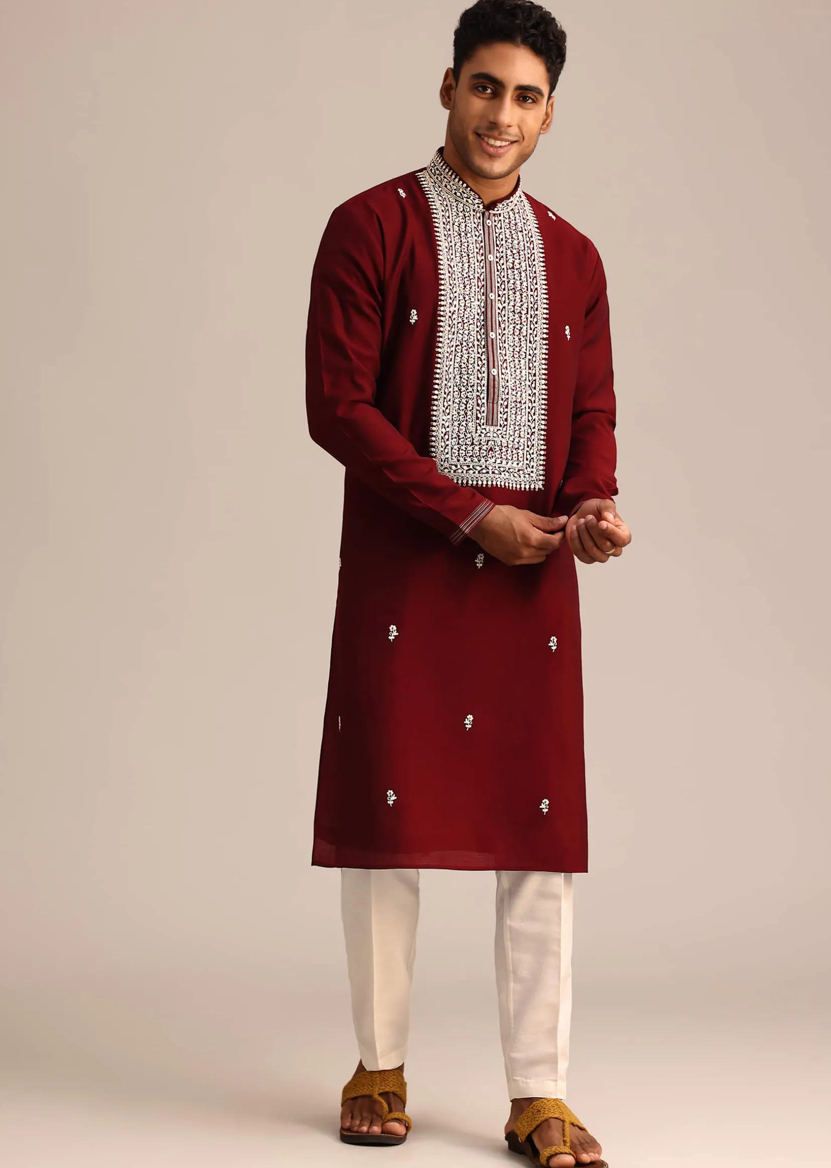 Red Embroidered Kurta Set In Silk