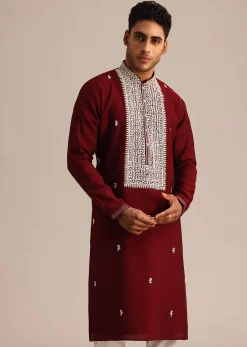Red Embroidered Kurta Set In Silk