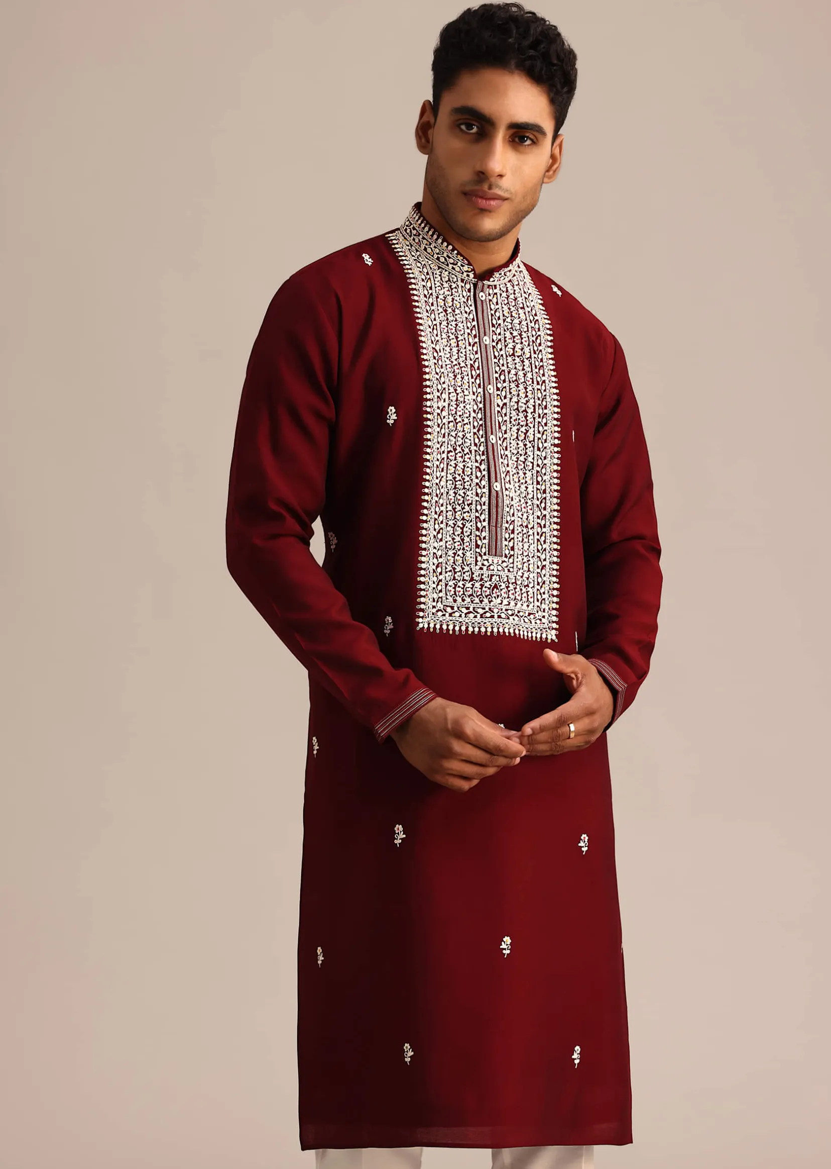 Red Embroidered Kurta Set In Silk