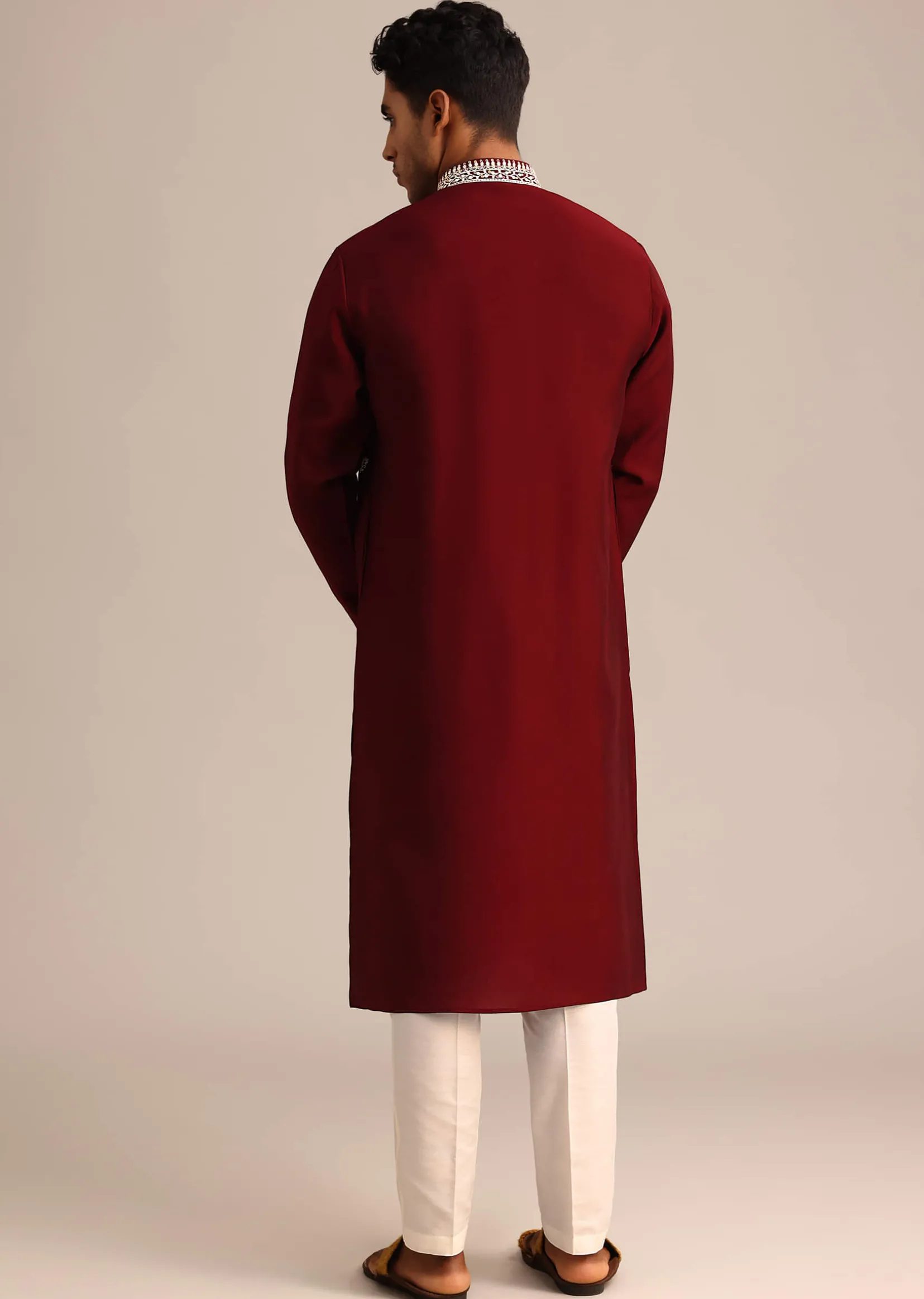 Red Embroidered Kurta Set In Silk