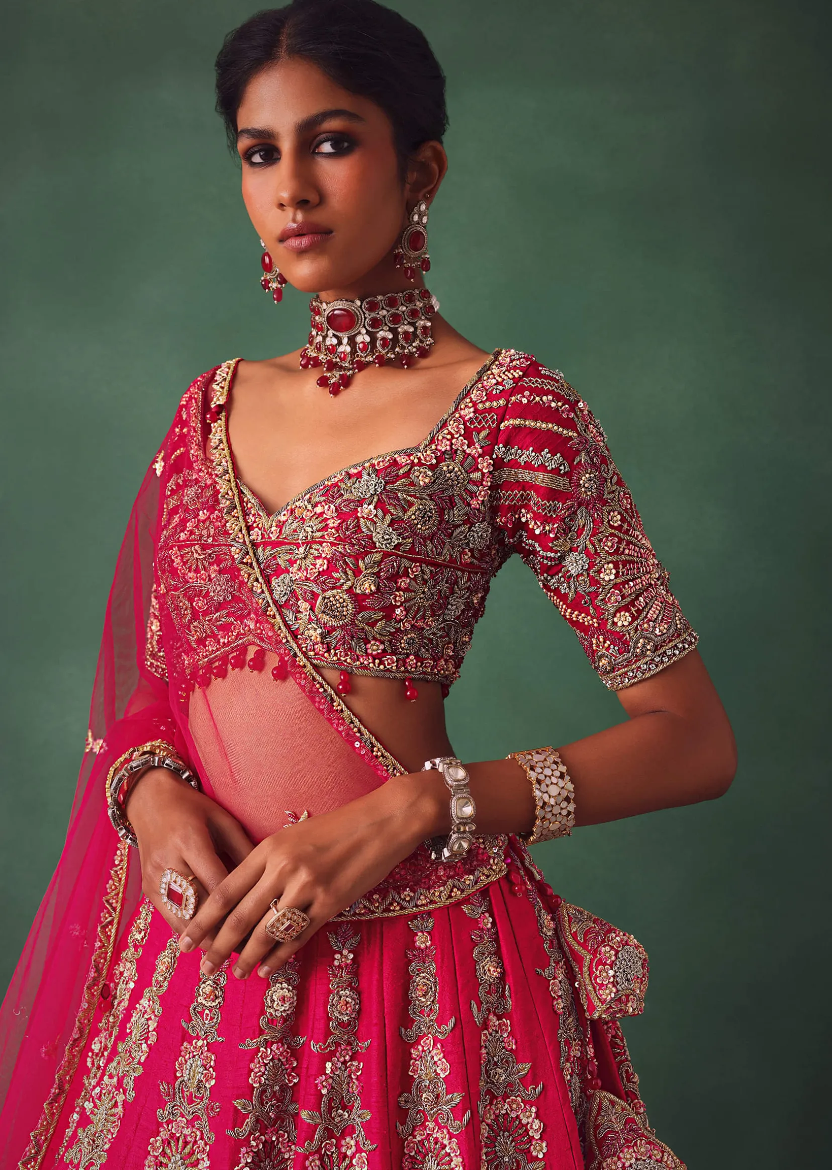 Red Embroidered Lehenga Set With Two Dupattas