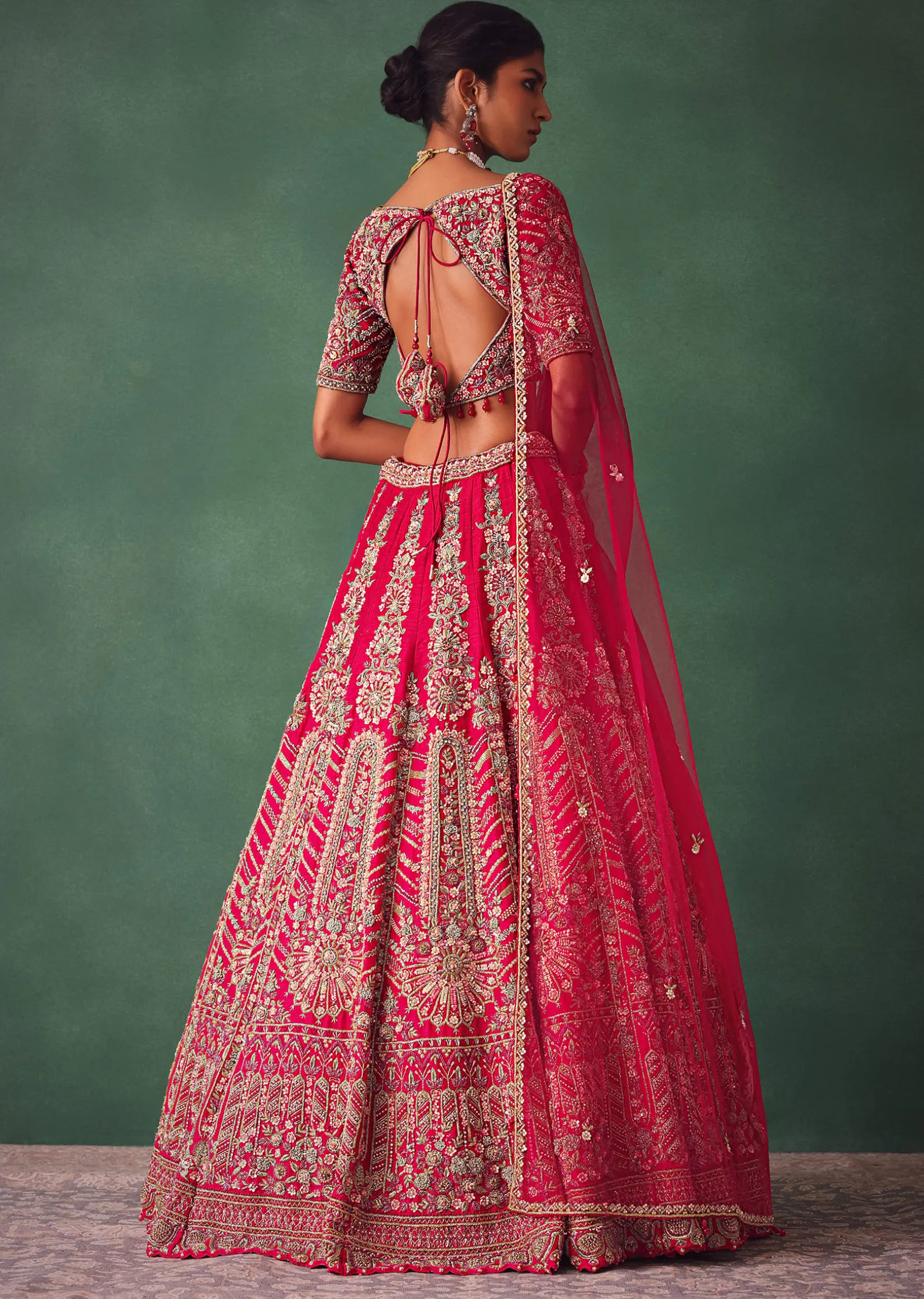 Red Embroidered Lehenga Set With Two Dupattas