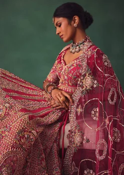 Red Embroidered Lehenga Set With Two Dupattas