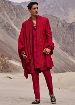 Red Embroidered Long Sherwani Suit With Dupatta
