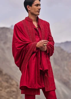 Red Embroidered Long Sherwani Suit With Dupatta