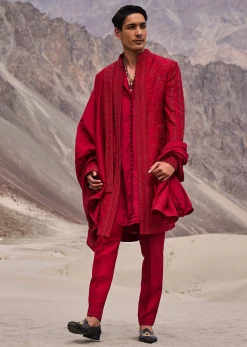 Red Embroidered Long Sherwani Suit With Dupatta