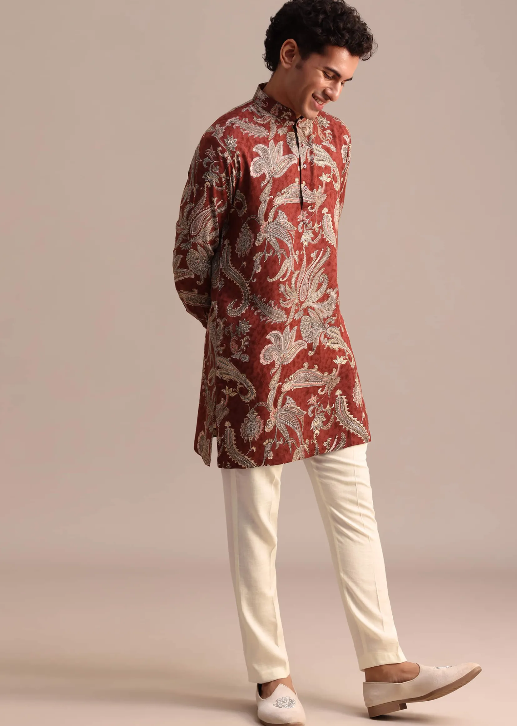Red Floral Printed Kurta For Men