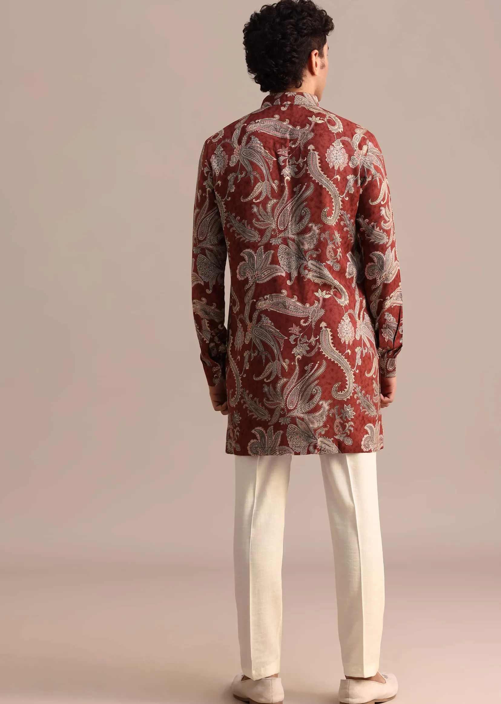 Red Floral Printed Kurta For Men