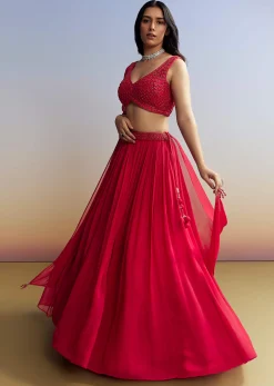 Red Georgette Lehenga with Cut Dana Choli