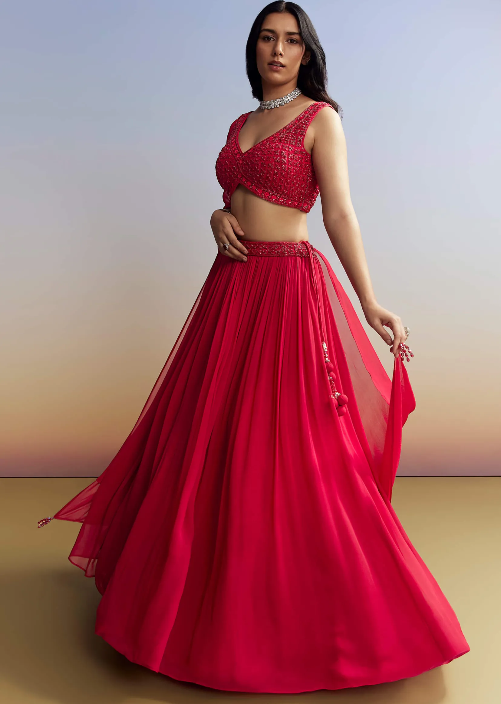 Red Georgette Lehenga with Cut Dana Choli