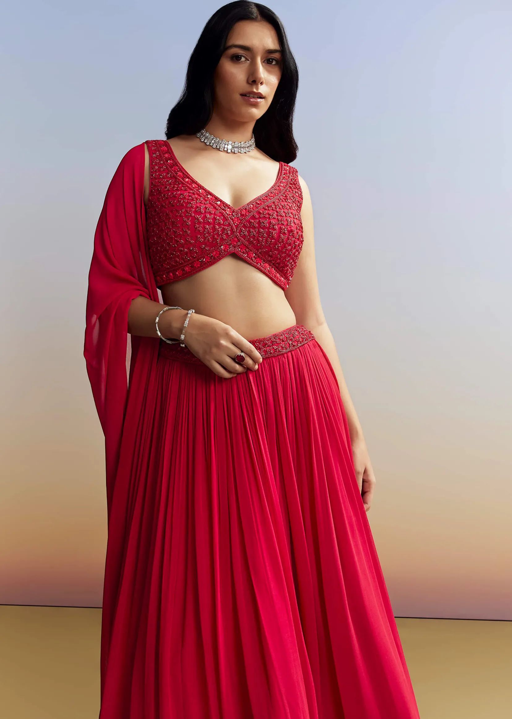 Red Georgette Lehenga with Cut Dana Choli