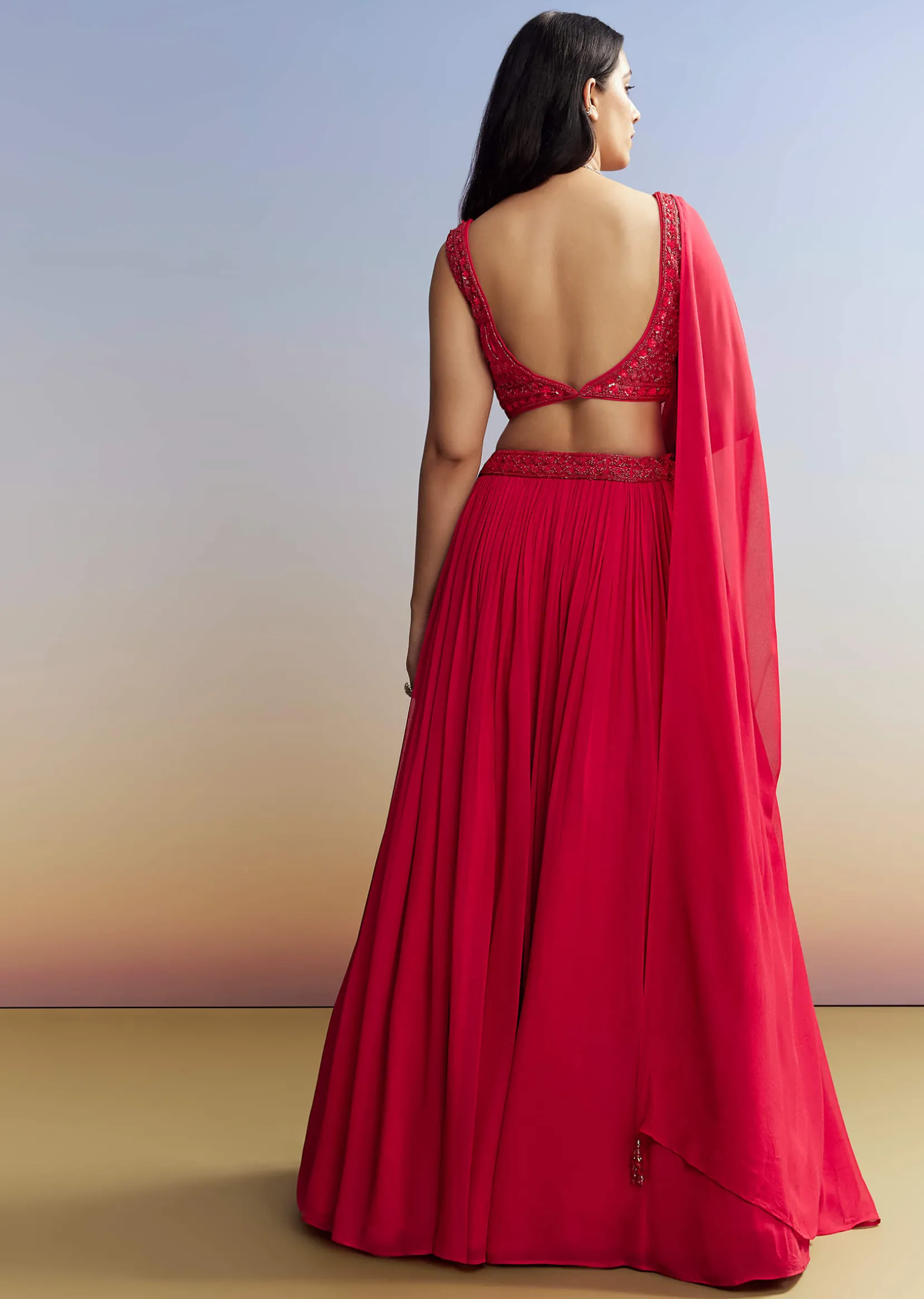 Red Georgette Lehenga with Cut Dana Choli