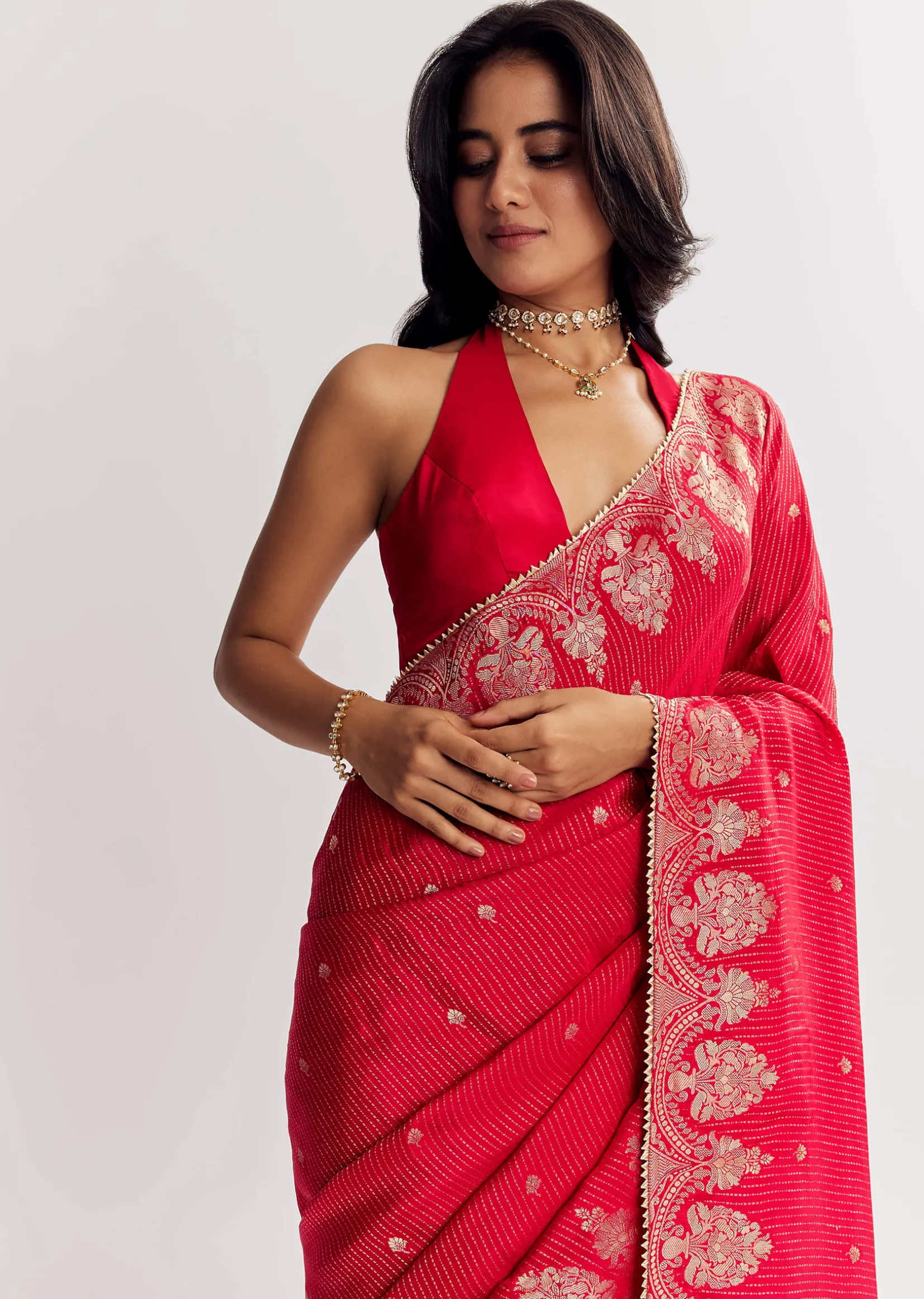 Red Georgette Lurex Saree With Brocade Butti And Gota Patti Border