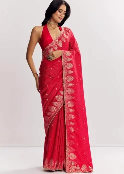 Red Georgette Lurex Saree With Brocade Butti And Gota Patti Border