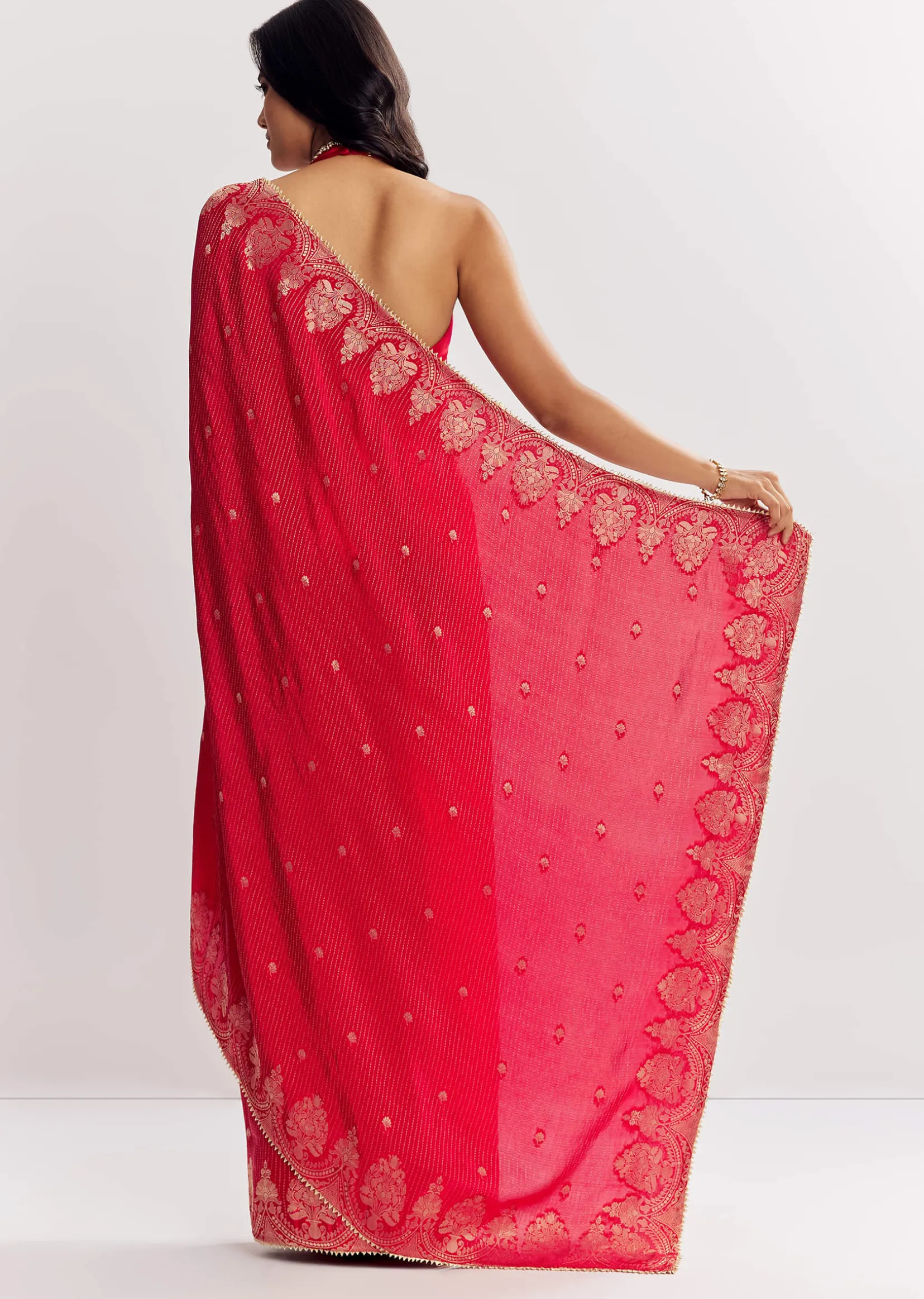 Red Georgette Lurex Saree With Brocade Butti And Gota Patti Border