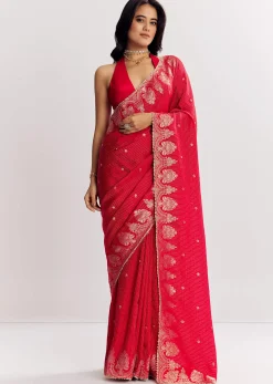 Red Georgette Lurex Saree With Brocade Butti And Gota Patti Border
