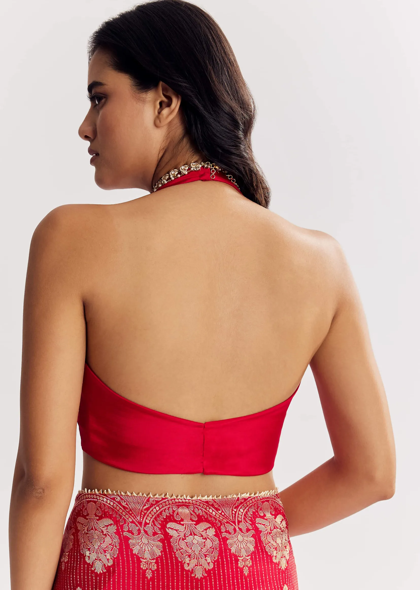 Red Georgette Lurex Saree With Brocade Butti And Gota Patti Border