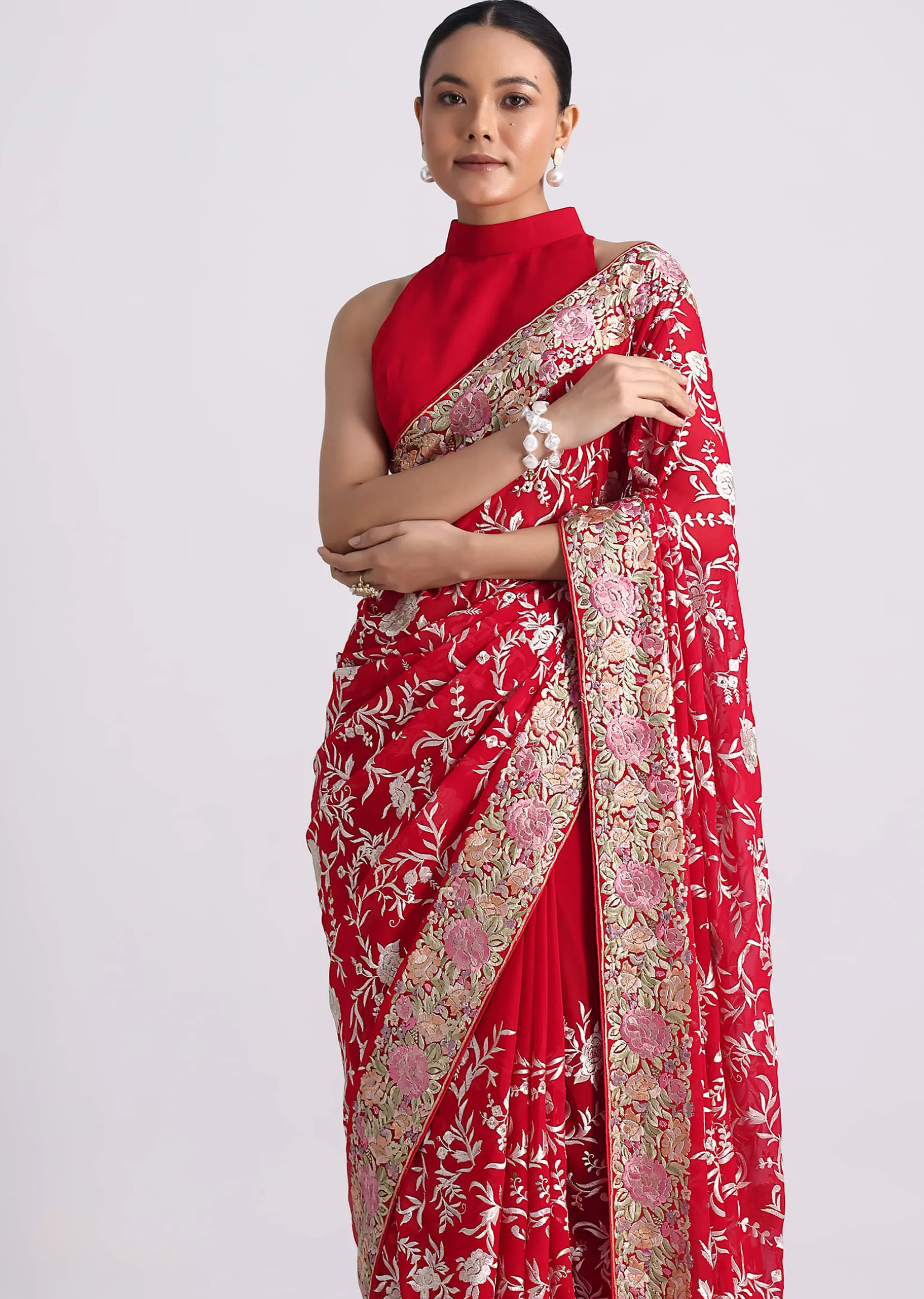 Red Georgette Saree with Parsi Gara Work