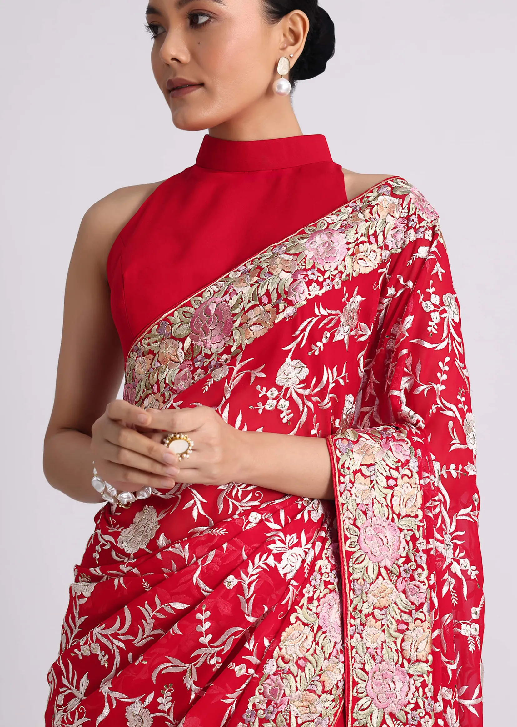 Red Georgette Saree with Parsi Gara Work