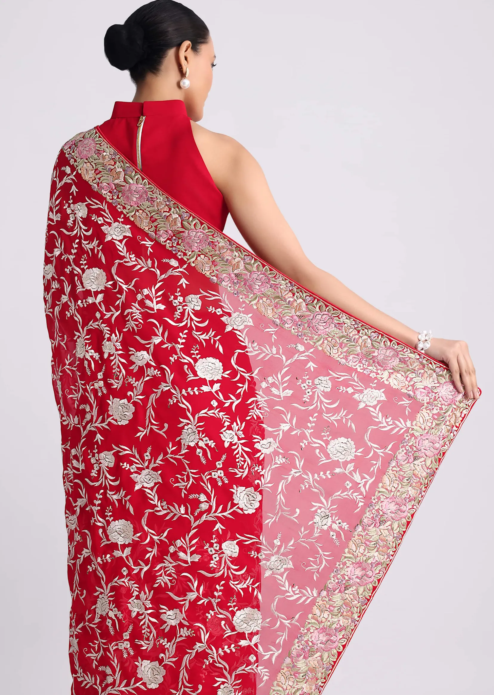 Red Georgette Saree with Parsi Gara Work