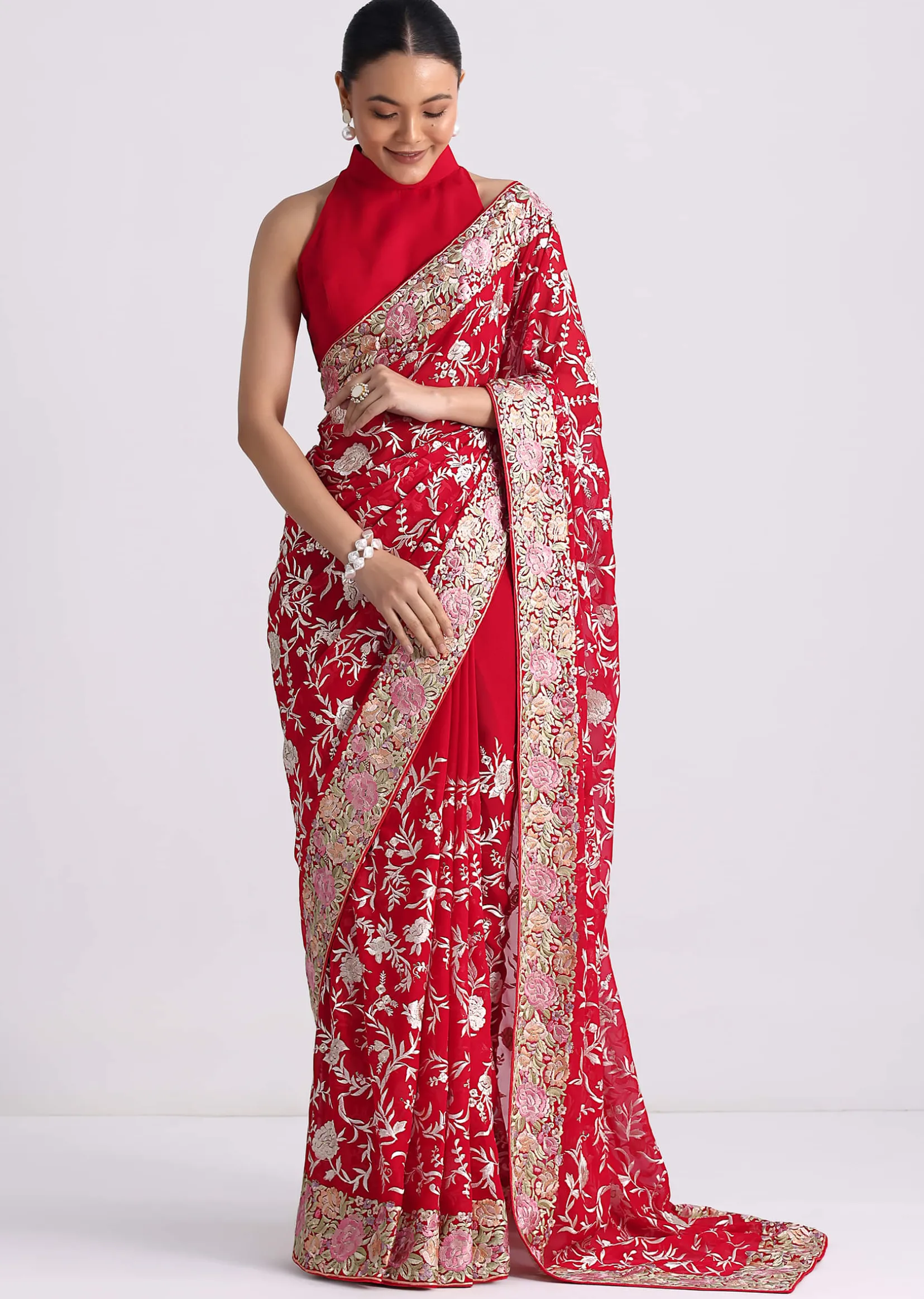 Red Georgette Saree with Parsi Gara Work