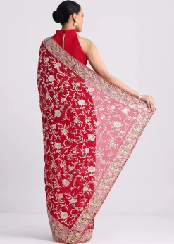 Red Georgette Saree with Parsi Gara Work