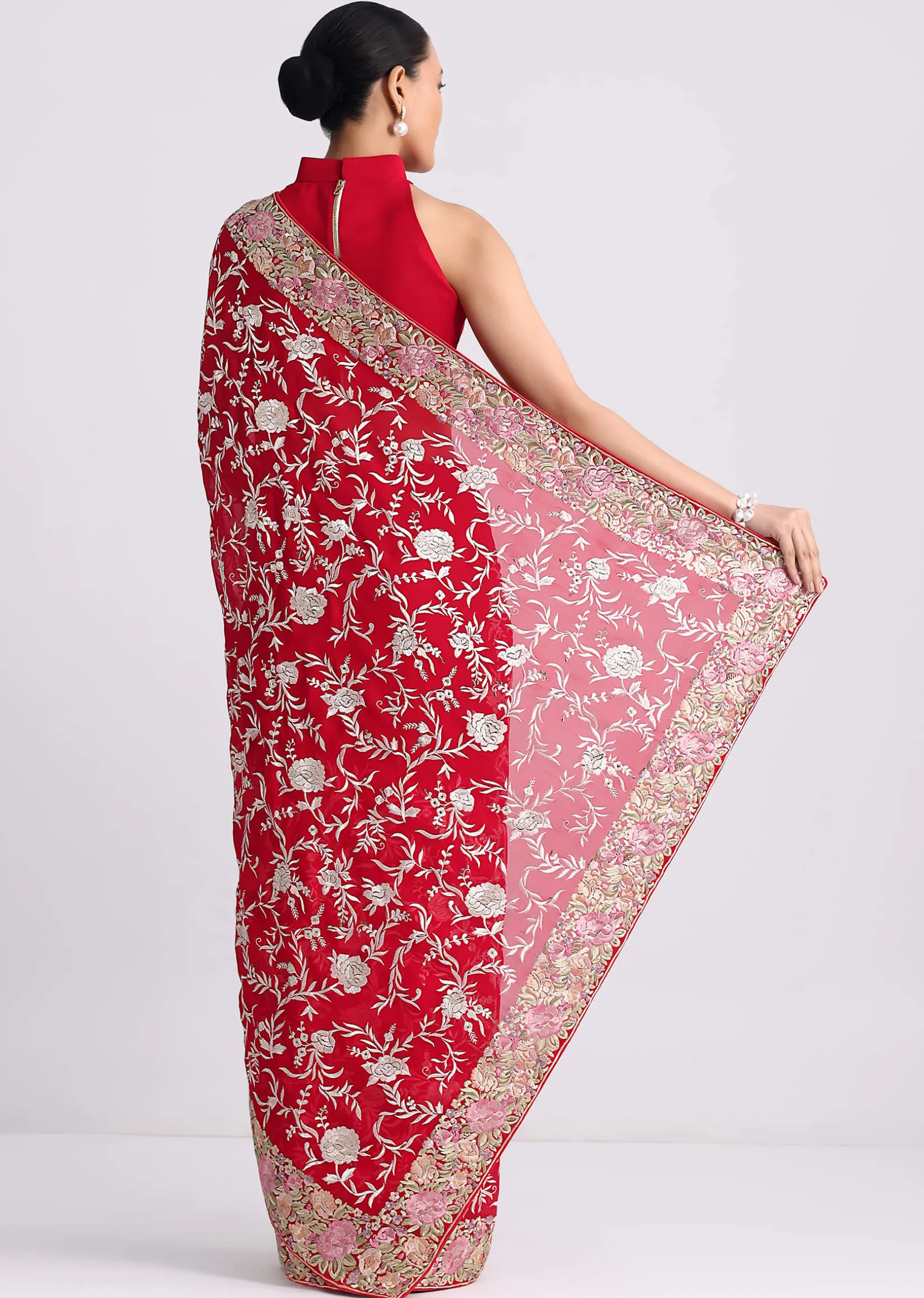 Red Georgette Saree with Parsi Gara Work