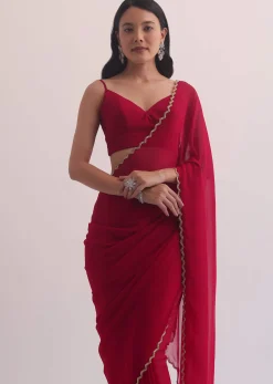 Red Georgette Saree With Cutdana Embroidery