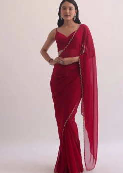 Red Georgette Saree With Cutdana Embroidery