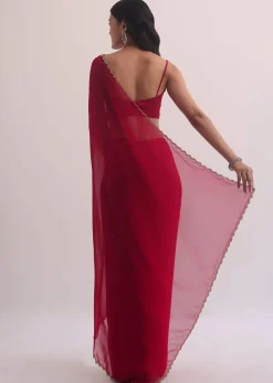 Red Georgette Saree With Cutdana Embroidery
