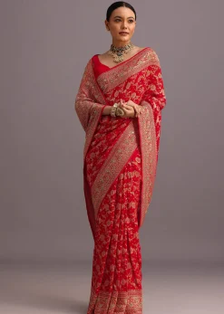 Red Georgette Woven Saree With Bandhani Jaal Work