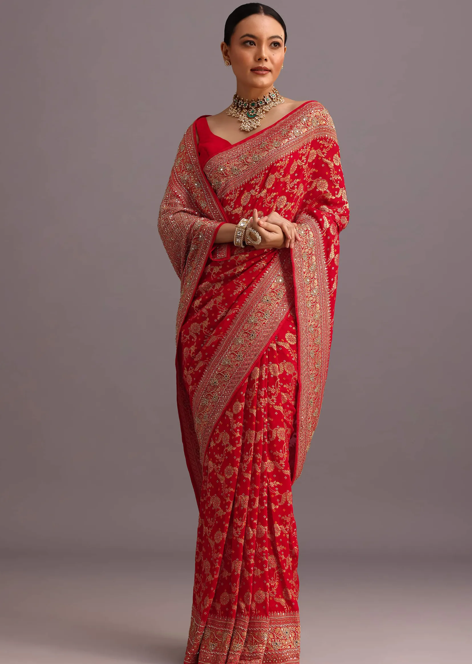 Red Georgette Woven Saree With Bandhani Jaal Work
