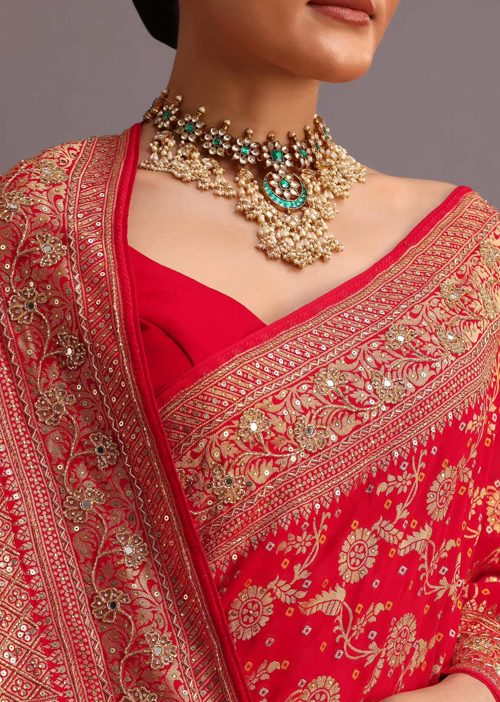 Red Georgette Woven Saree With Bandhani Jaal Work