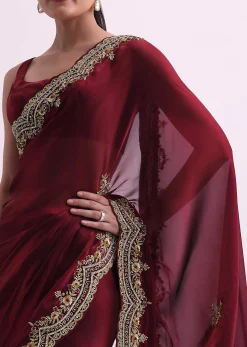 Red Glass Tissue Saree With Sequin Scallop Border And Unstitched Blouse Fabric