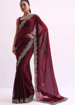 Red Glass Tissue Saree With Sequin Scallop Border And Unstitched Blouse Fabric