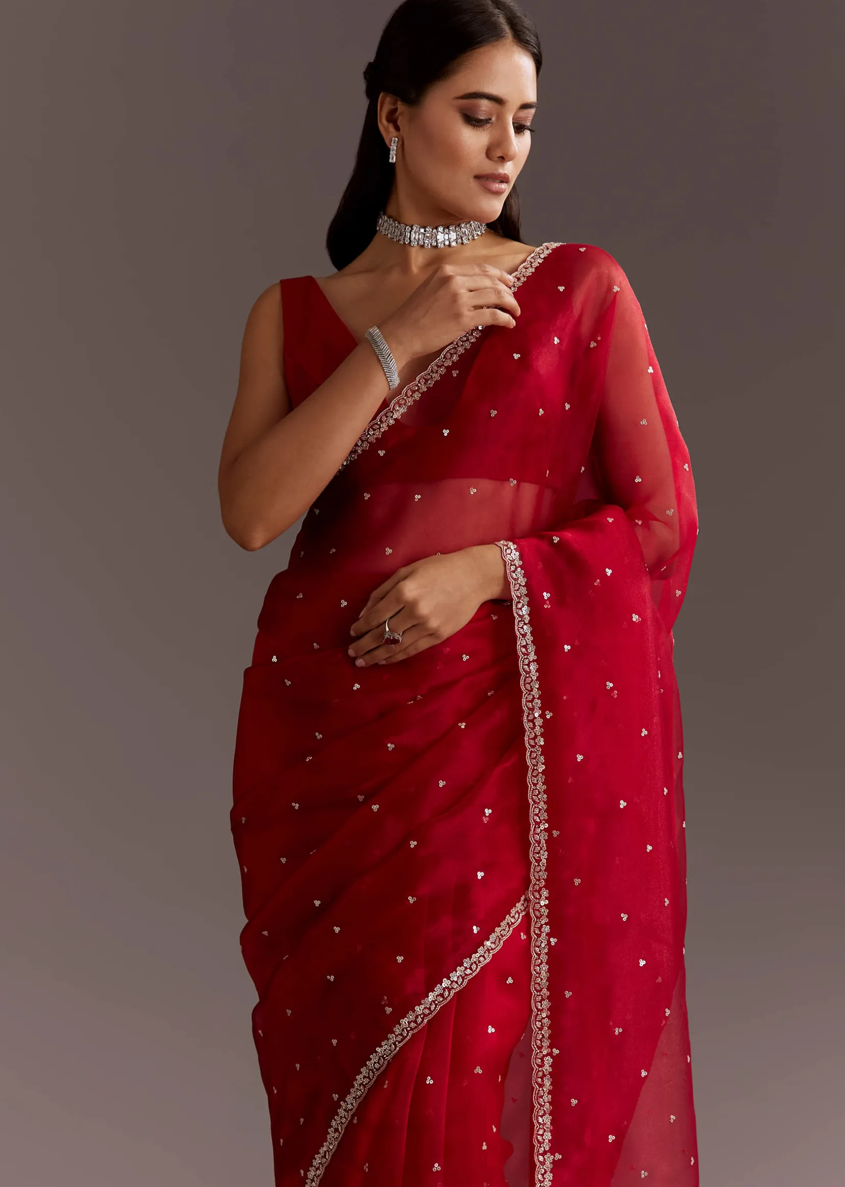 Red Glass Tissue Saree With Cutdana And Sequins Scallop Border