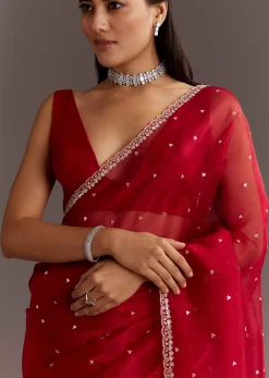 Red Glass Tissue Saree With Cutdana And Sequins Scallop Border