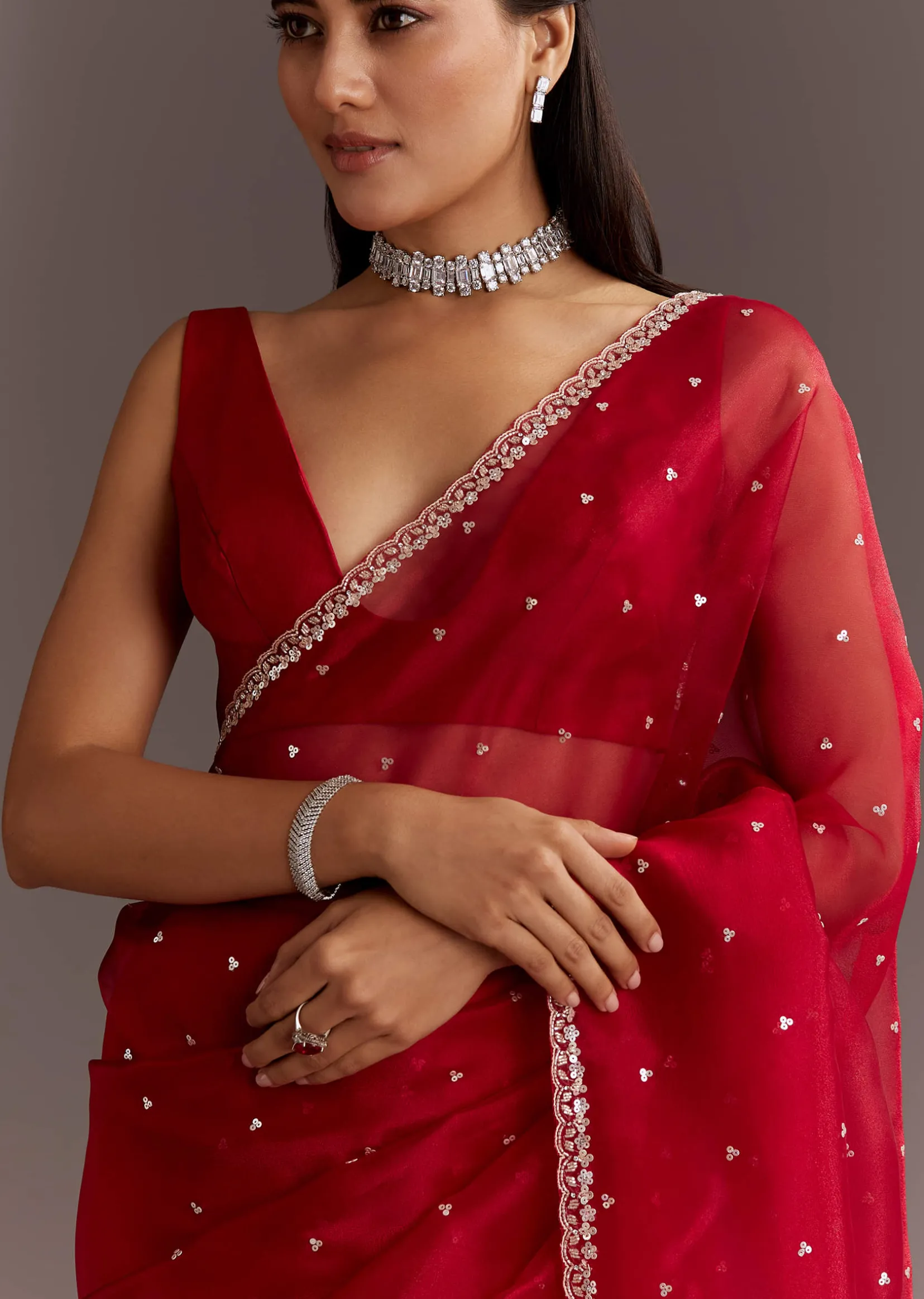 Red Glass Tissue Saree With Cutdana And Sequins Scallop Border