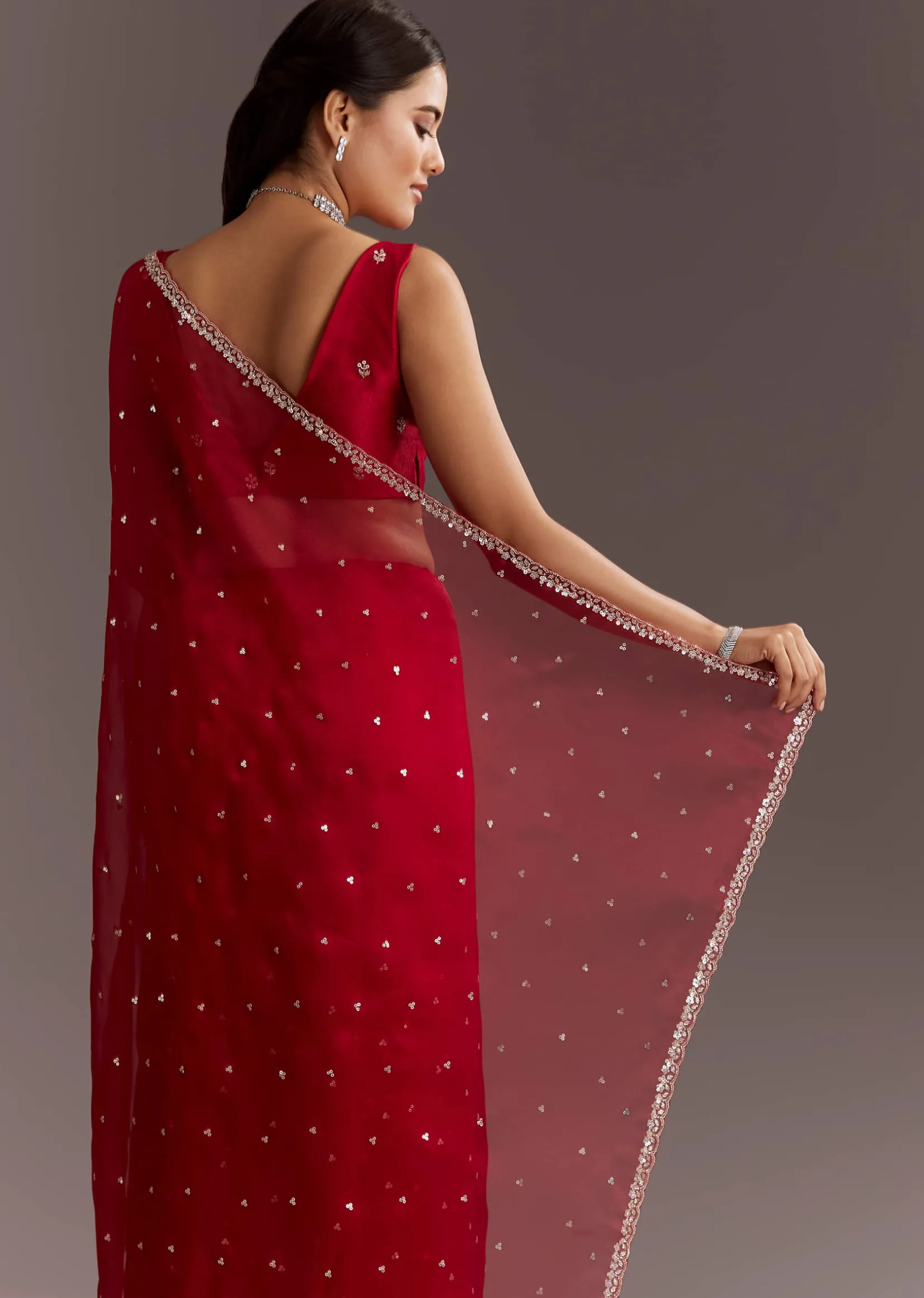 Red Glass Tissue Saree With Cutdana And Sequins Scallop Border
