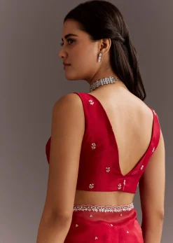 Red Glass Tissue Saree With Cutdana And Sequins Scallop Border
