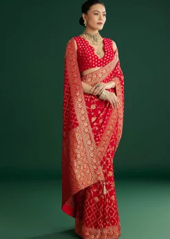 Red Jaal Work Saree With Floral Border And Pallu
